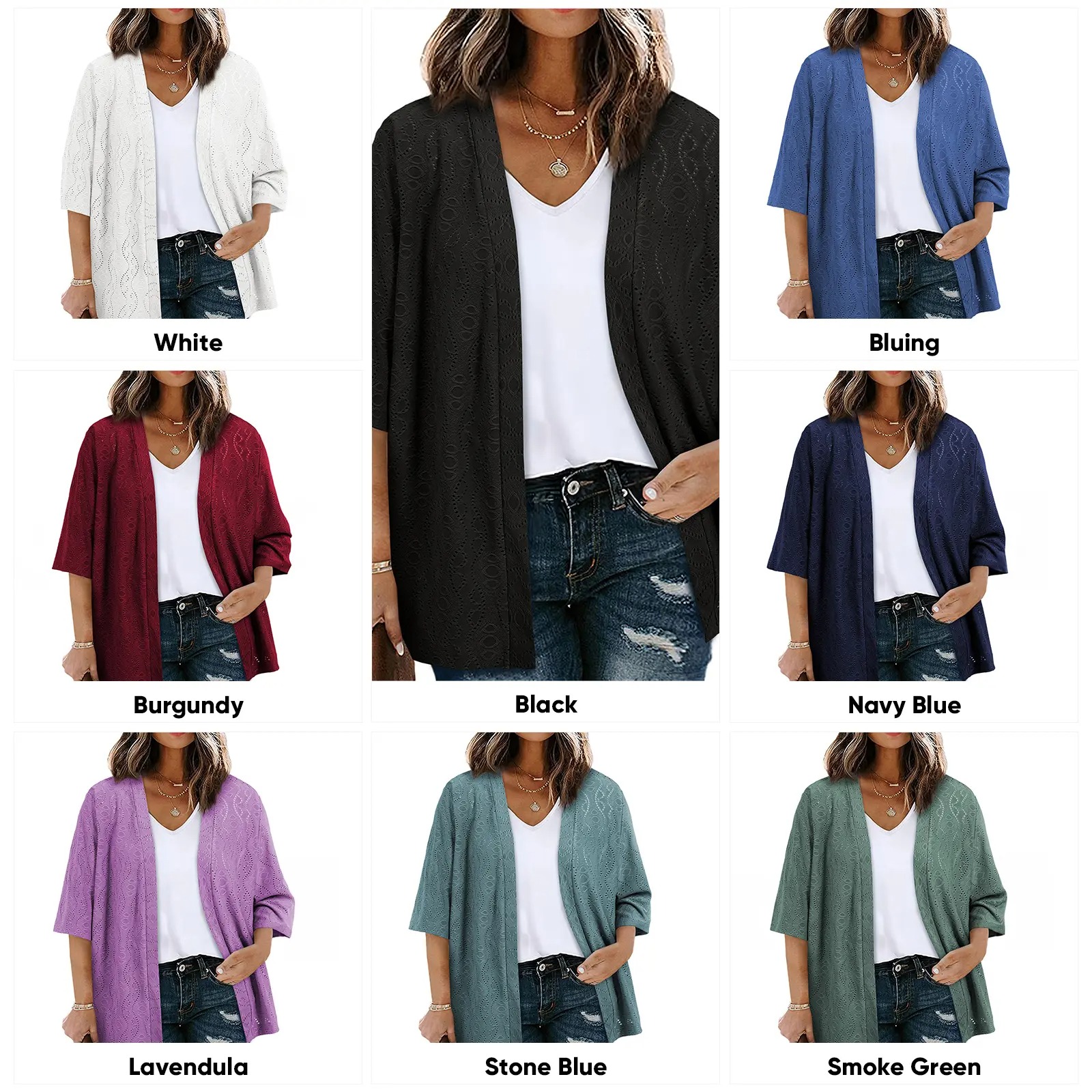 Women's Half Sleeve Jacquard Knit Kimono Cardigan Lightweight Open Front Summer Cover Up