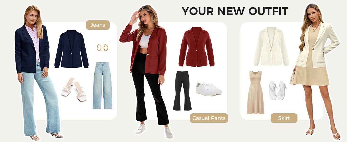 FISOEW Women's Slim Fit Long Sleeve Knit Blazer Jacket - Soft Polyester, Open Front, Chic Style, Functional Pockets, Ideal for Office Work Clothes, Corporate Office Wear, Work Clothes Women
