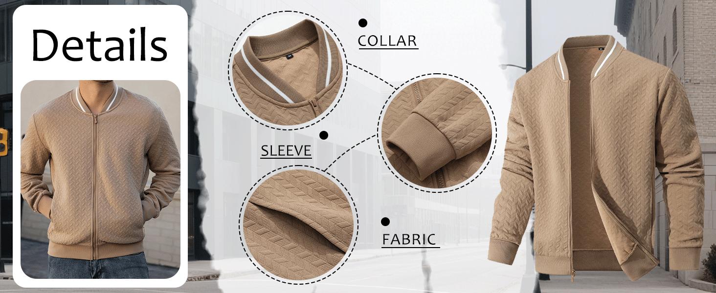 Zaitun Men's Casual Varsity Bomber Coat - Lightweight Fitted Polyester Tops with Stand Collar, Long Sleeves, Zip-Up for Fall Winter, Plain Design, Beads Accents, Easy Jacket for Errands and Outings