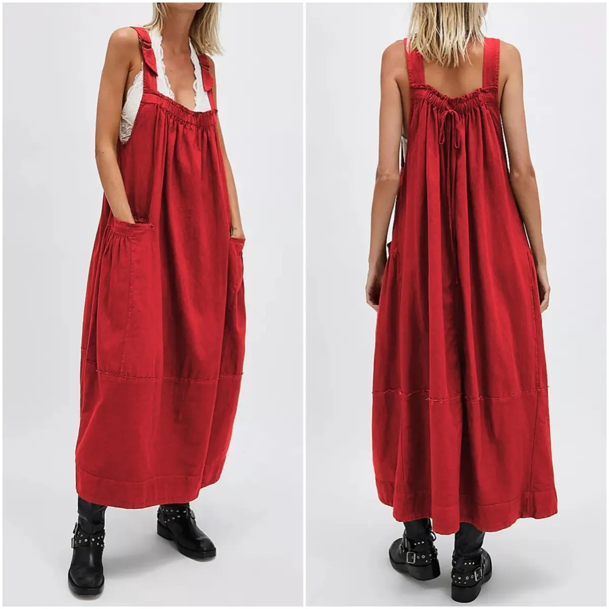 Women's Adjustable Straps Barrel Midi Dress Sleeveless Casual Midi Dress with Side Pockets for Summer Beach Vacation