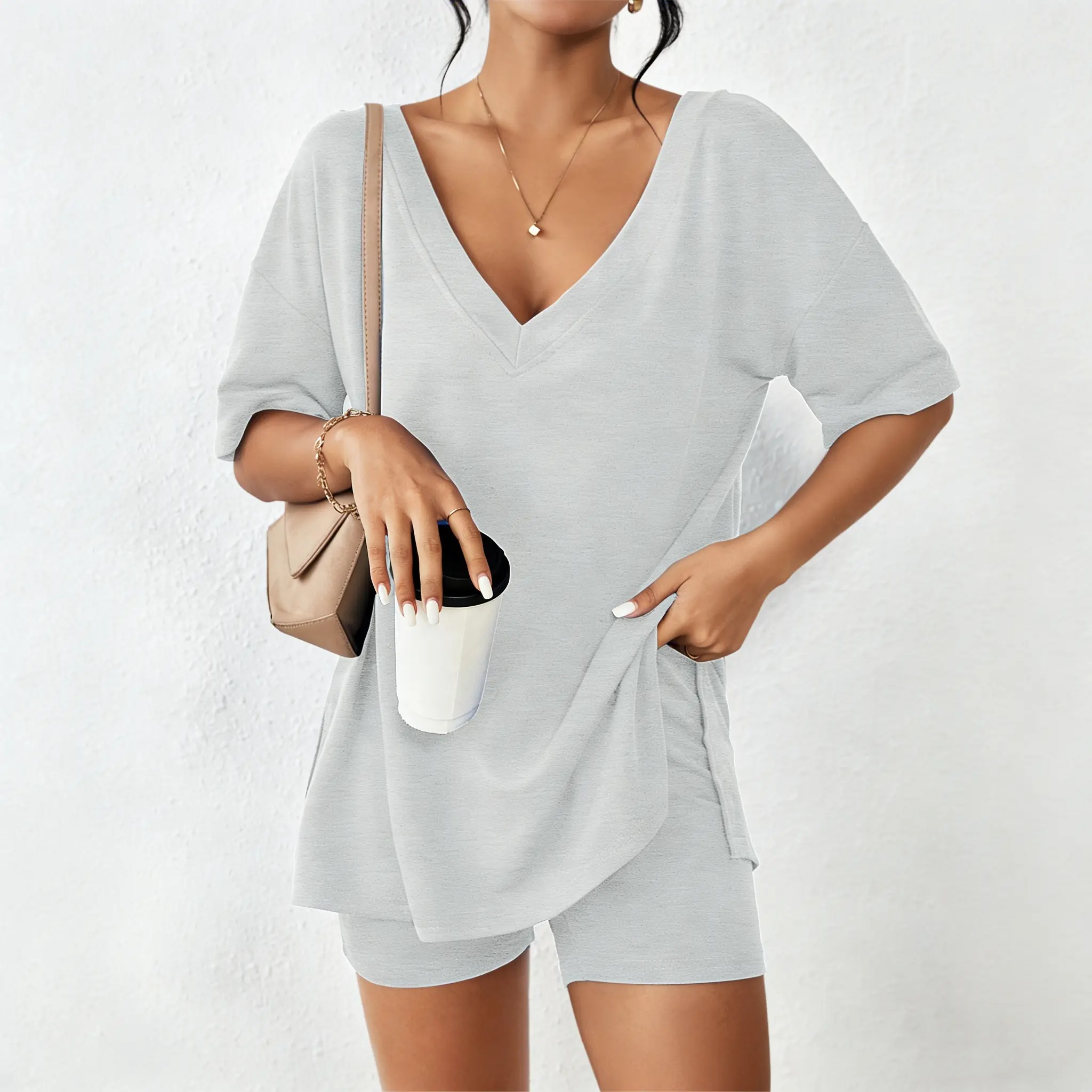 Women's V-Neck 2-Piece Loungewear Set Oversized Split Hem Top & High Waist Biker Shorts Casual Soft Pajamas