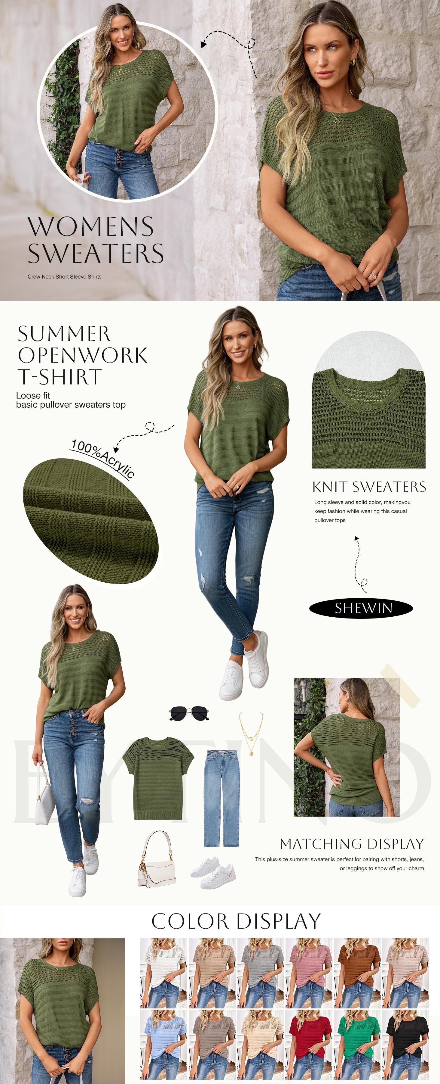 Shewin Women's Hollow Out Knit Sweater, Short Sleeve Crew Neck Pullover, Casual & Minimalist Style, Soft Acrylic Fabric, Summer Wear,back to school,back to school shopping,clothes for back to school,first day of school outfits