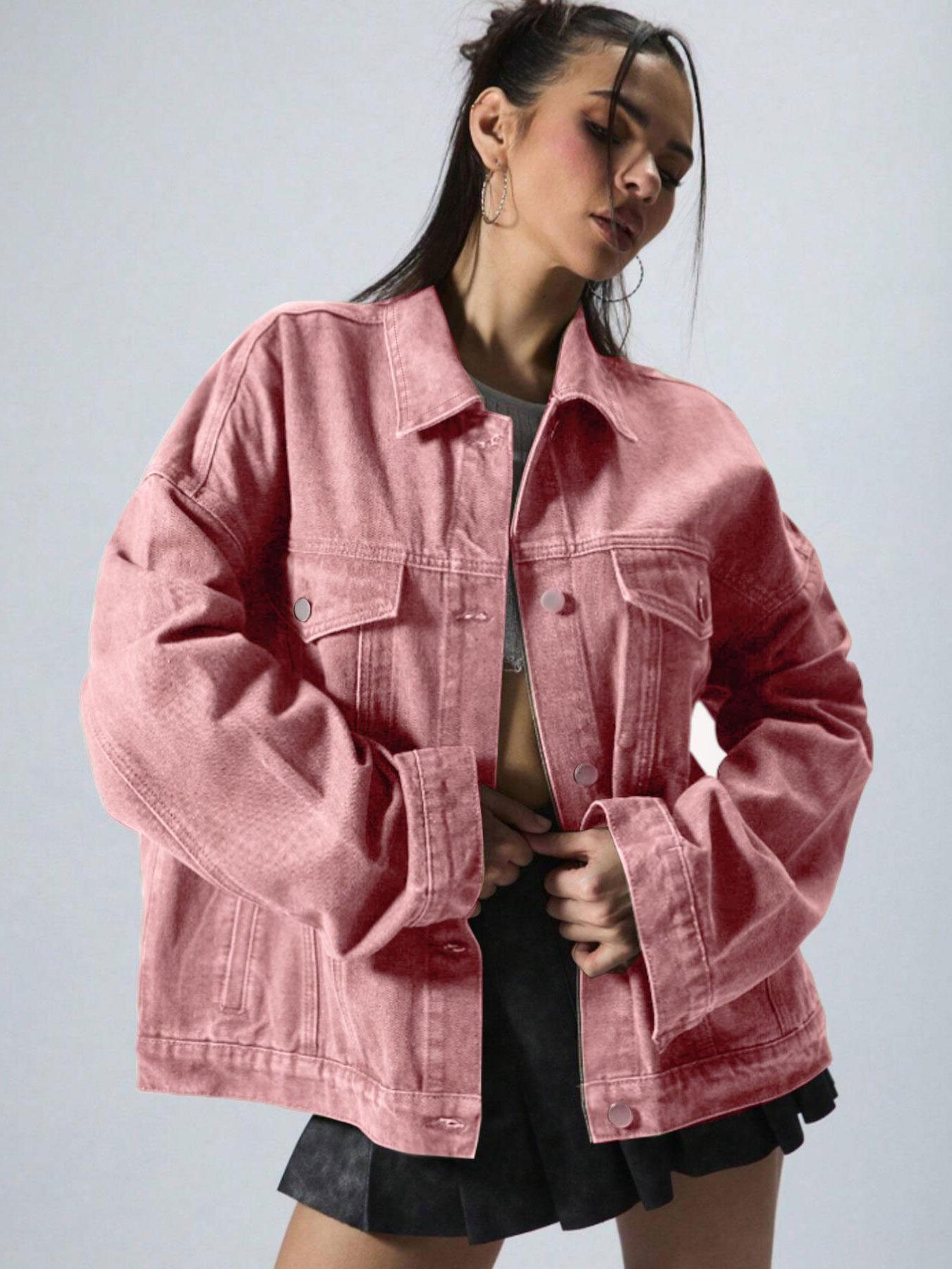 Women's Plain Basic Button-Front Drop-Shoulder Fitted Denim Jacket Coats, Casual Long-Sleeve Collared Pocket Outerwear for Daily Wear, Aesthetic Womenswear Women's Plain Basic Button-Front Drop-Shoulder Fitted Denim Jacket Coats, Casual Long-Sleeve Collared Pocket Outerwear for Daily Wear, Aesthetic Womenswear