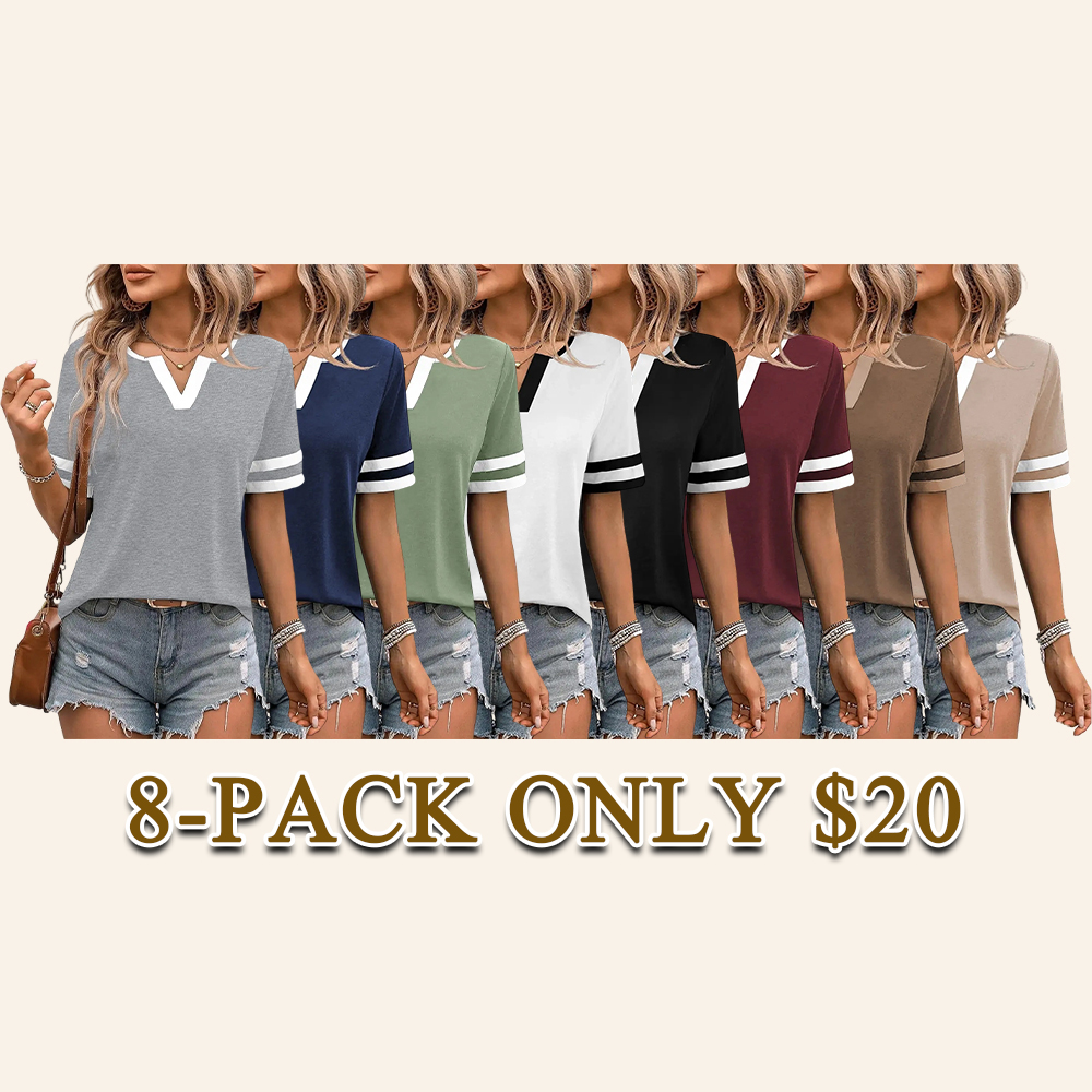 Women's V-Neck Striped Short Sleeve Top Fitted Cotton Blend Breathable Summer Daily Wear Blouse