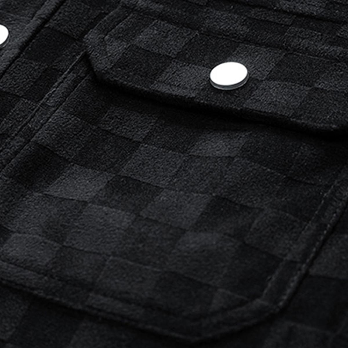 Men&rsquo;s black patterned long-sleeve jacket &mdash; menswear, men&rsquo;s clothing, featuring a front flap pocket and button closure, a stylish and practical top suitable for autumn.