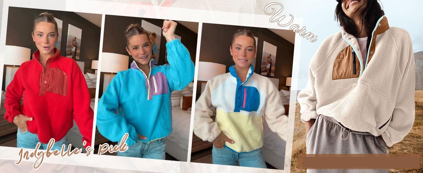 Naeduo Women's Lightweight Colorblock Fleece Jacket, Cropped Sherpa Pullover Fashion Apparel with Pockets, Soft Fleece Feels Gentle, Casual, Long Sleeve, Colorblock Pattern, Layering Ready, Clothes, Trending Clothes