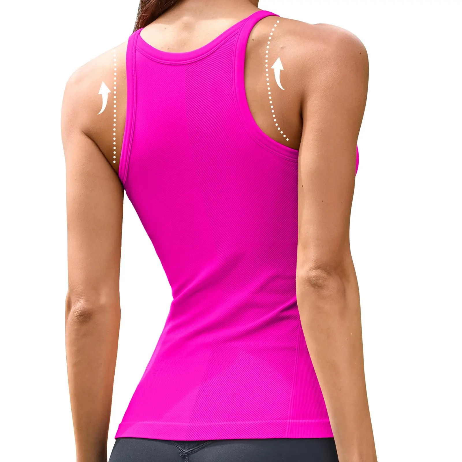 Women's Seamless Ribbed Racerback Tank Top Crew Neck Athletic Workout Camisole with Built-In Bra