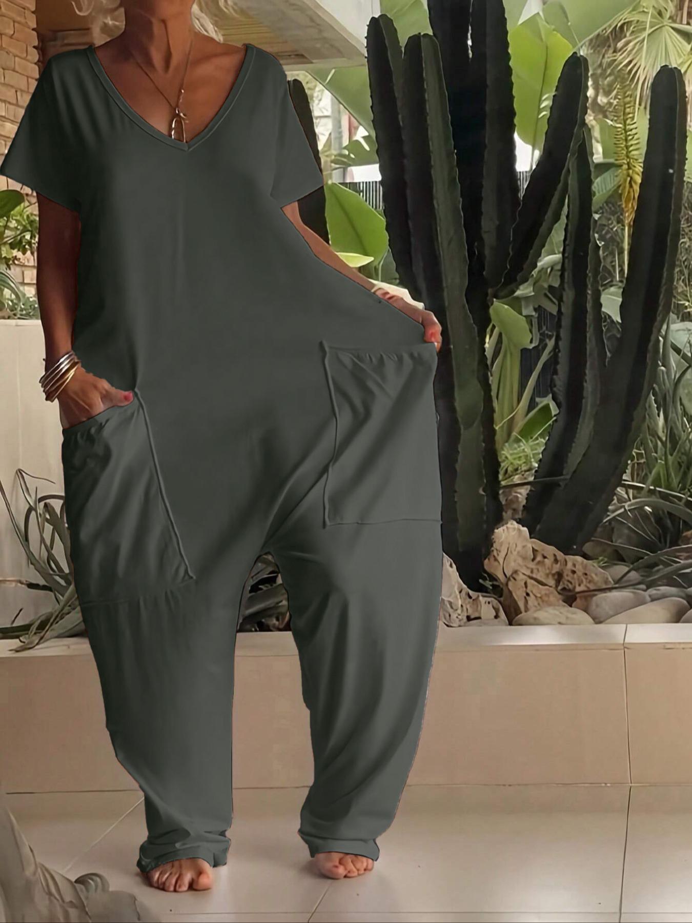 Women's Casual Basic Jumpsuit, Short Sleeve V-Neck Design, Loose Fit Wide-Leg Romper, All Season Wear, Plain Pattern, with Pockets, Womenswear