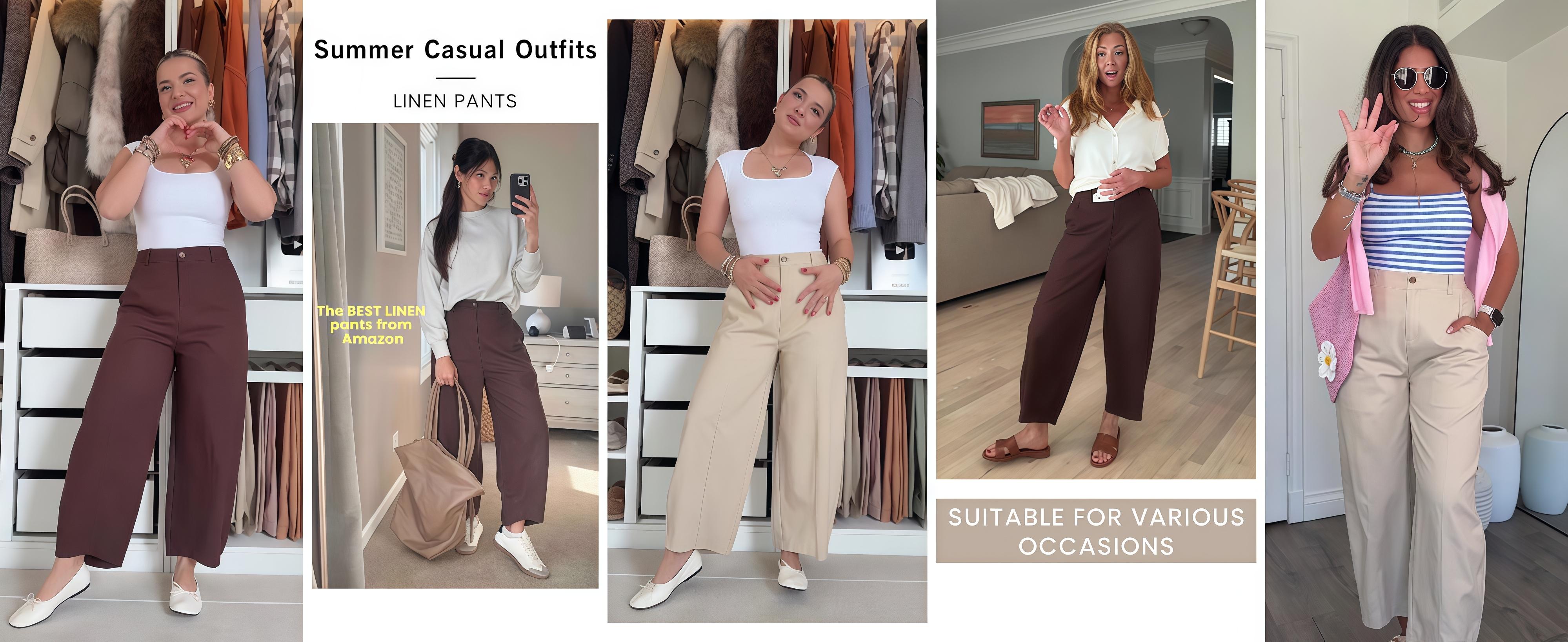 Tanming Women's Casual Baggy Linen Blend Pants, High Waisted Pull On Wide Leg Style with Pockets for Summer, Bottom, Cotton, Zip Tanming Women's Casual Baggy Linen Blend Pants, High Waisted Pull On Wide Leg Style with Pockets for Summer, Bottom, Cotton, Zip