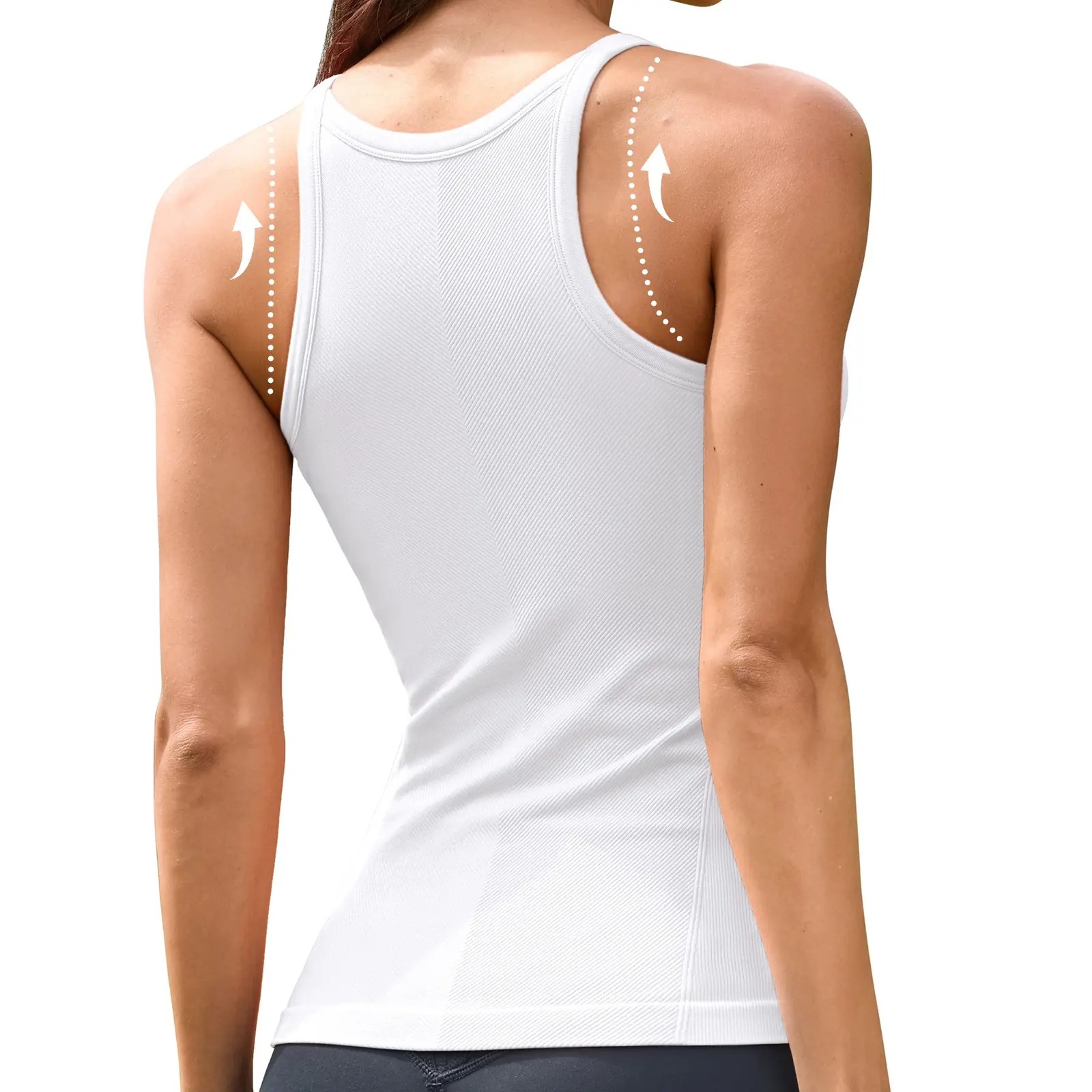Women's Seamless Ribbed Racerback Tank Top Crew Neck Athletic Workout Camisole with Built-In Bra