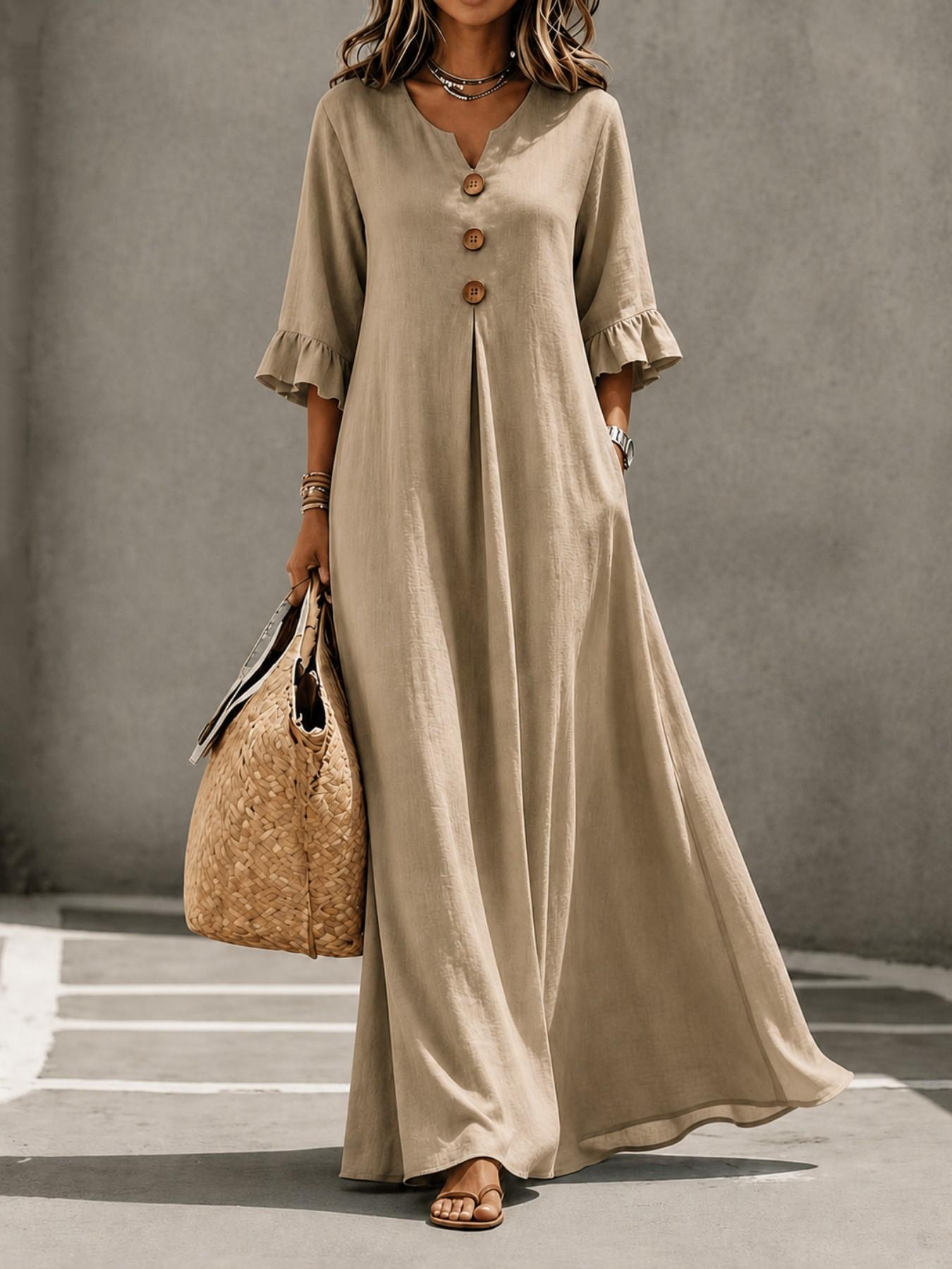 Women's Boho Aesthetic Style Solid V-Neck Dress with Wooden Buttons and Ruffle Sleeves, Loose-Fit A-Line Skirt, Fall & Winter Casual Wear Women's Boho Aesthetic Style Solid V-Neck Dress with Wooden Buttons and Ruffle Sleeves, Loose-Fit A-Line Skirt, Fall & Winter Casual Wear