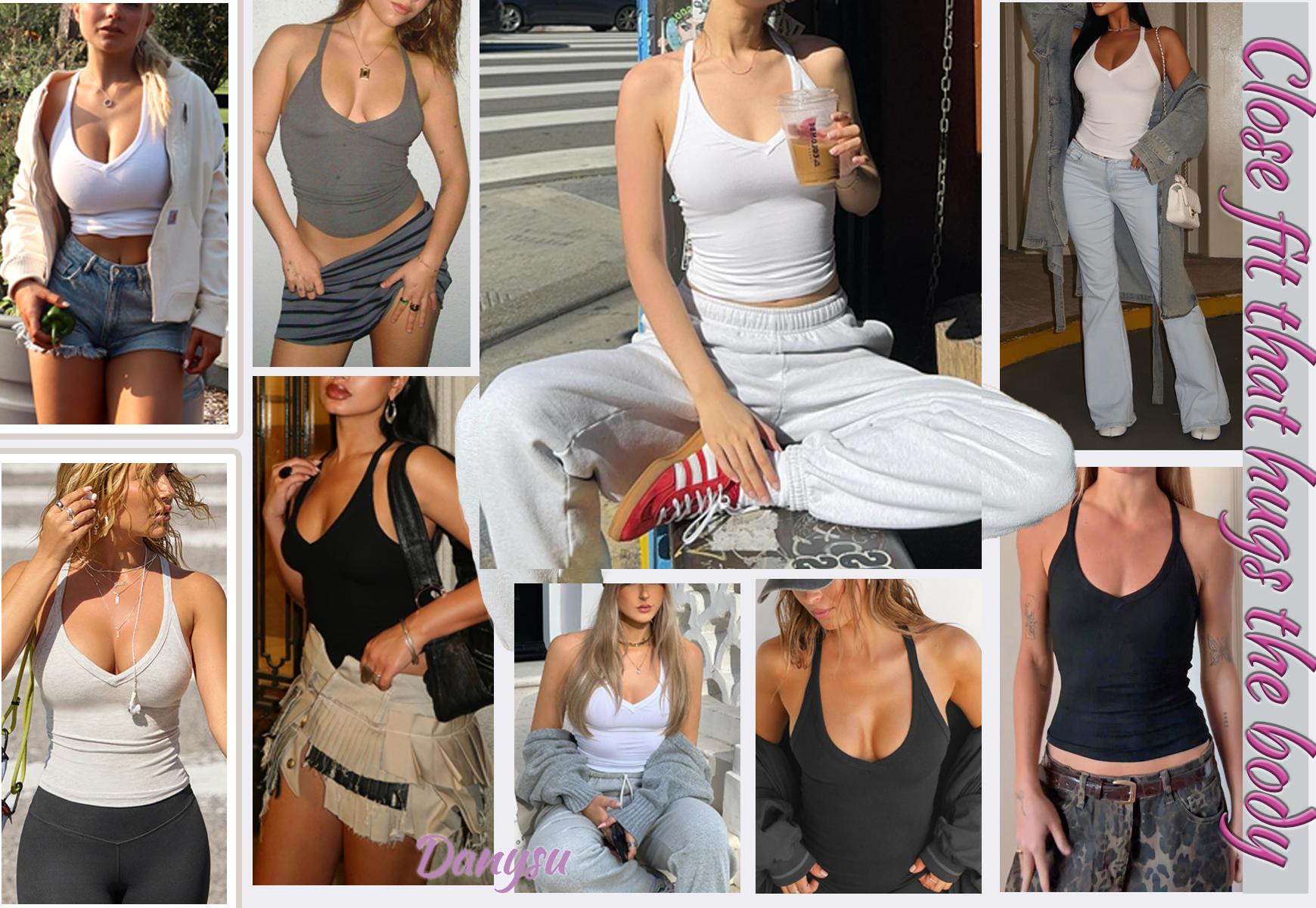Danysu V Neck Racer Back Tank Top for Women Padded Ribbed Long Tank Fitted Basic Cami Tops Casual Chic Sleeveless Athletic Tank Top