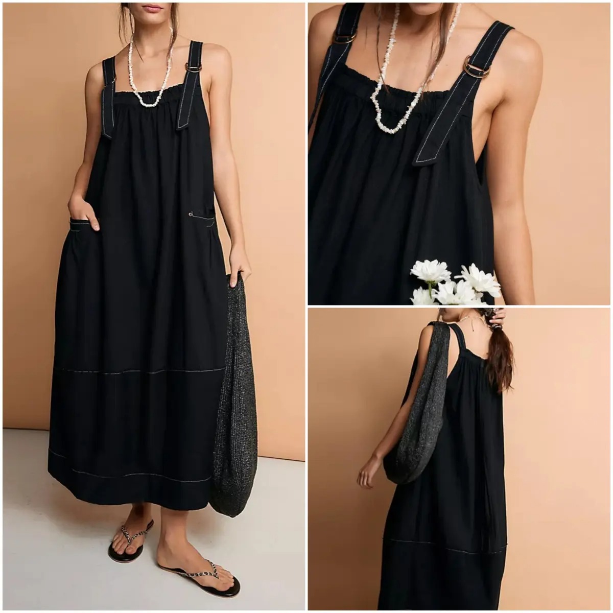 Women's Adjustable Straps Barrel Midi Dress Sleeveless Casual Midi Dress with Side Pockets for Summer Beach Vacation