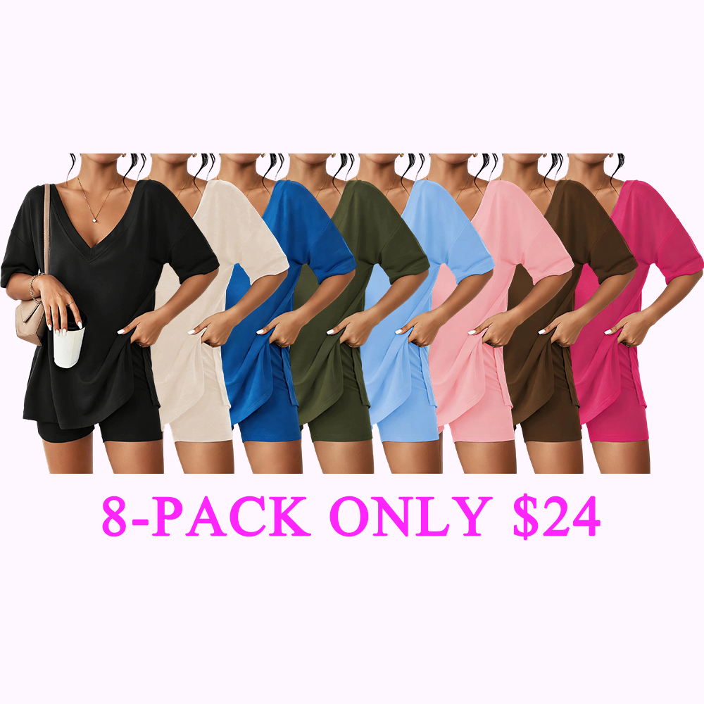 Women's V-Neck 2-Piece Loungewear Set Oversized Split Hem Top & High Waist Biker Shorts Casual Soft Pajamas