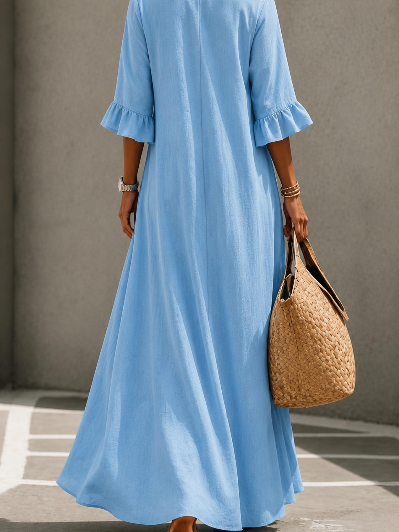 Women's Boho Aesthetic Style Solid V-Neck Dress with Wooden Buttons and Ruffle Sleeves, Loose-Fit A-Line Skirt, Fall & Winter Casual Wear Women's Boho Aesthetic Style Solid V-Neck Dress with Wooden Buttons and Ruffle Sleeves, Loose-Fit A-Line Skirt, Fall & Winter Casual Wear