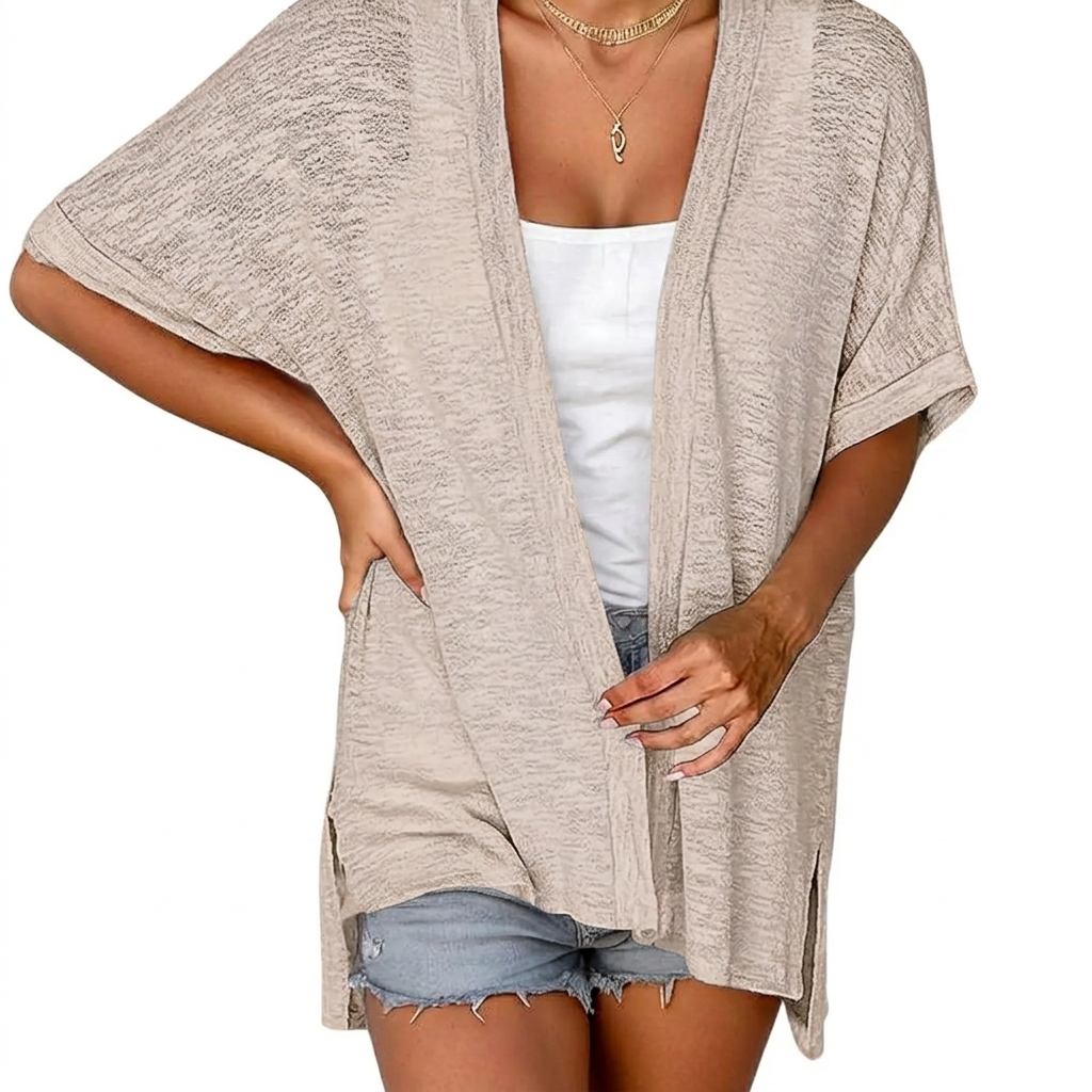 Women's Oversized Short Sleeve Open Front Knit Cardigan Lightweight Summer Beach Cover Up Casual Batwing Knit Top