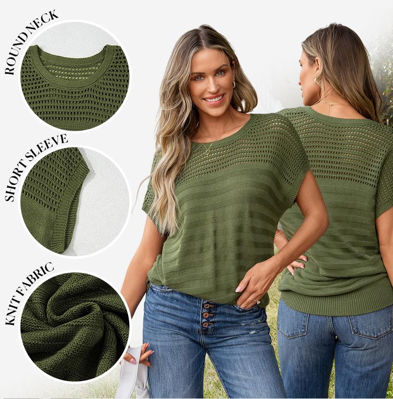 Shewin Women's Hollow Out Knit Sweater, Short Sleeve Crew Neck Pullover, Casual & Minimalist Style, Soft Acrylic Fabric, Summer Wear,back to school,back to school shopping,clothes for back to school,first day of school outfits