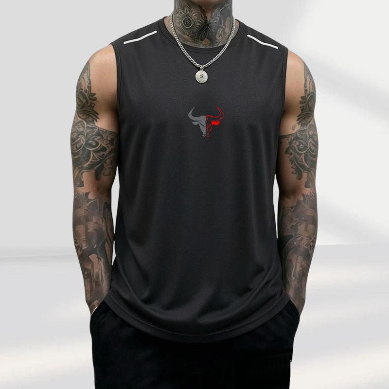 Men's 3-Pack Sleeveless Athletic Vests with Bull Image Graphic, Casual Polyester Muscle Tank Tops for Summer Fitness, 3Pcs, Father&rsquo;s Day, Black + Light Gray + Red, Sleeveless Athletic Top Vests, Bodybuilding, Male, Breathable Sports Vest, Fashion Gym Top