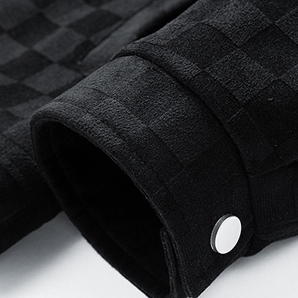 Men&rsquo;s black patterned long-sleeve jacket &mdash; menswear, men&rsquo;s clothing, featuring a front flap pocket and button closure, a stylish and practical top suitable for autumn.