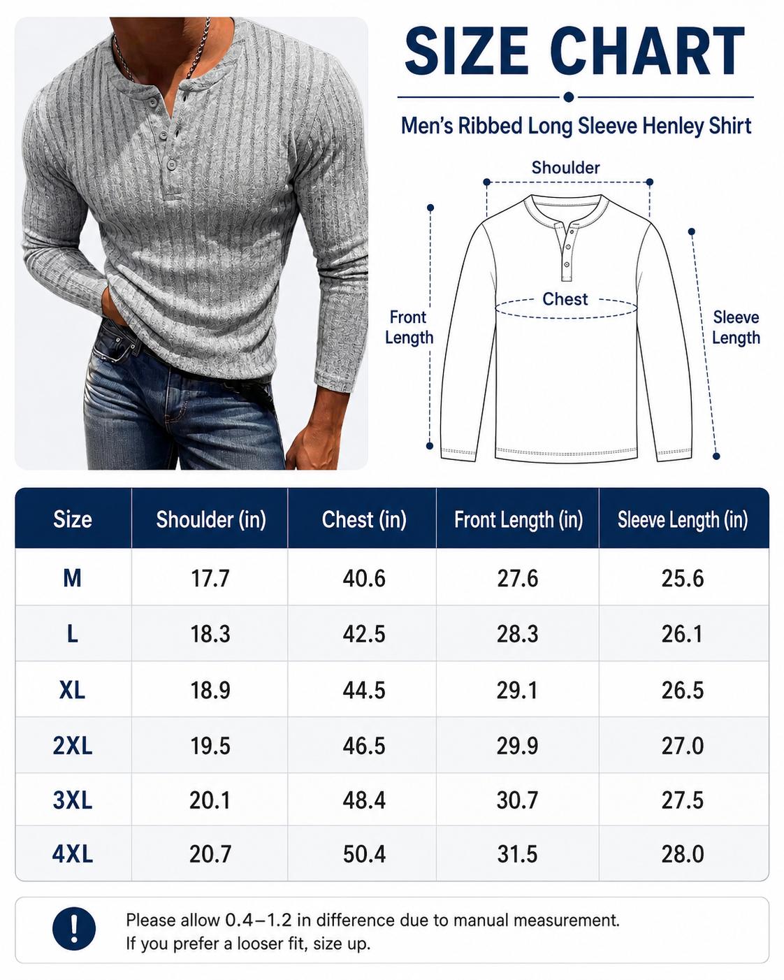Men&rsquo;s Ribbed Henley Long Sleeve Shirt Slim Fit Stretch Casual Knit Pullover for Men Soft Breathable Fashion Tee