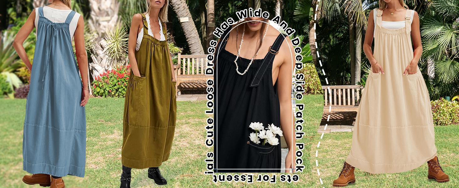 Yeokou Women's Barrel Midi Dress Sleeveless Strappy Maxi Dress with Big Pockets & Adjustable Straps Minimalist Basic Casual Fall Dress,summerwins,summeroutfits,vacationoutfits,beachoutfits
