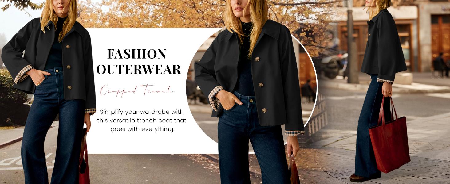 UANEO Womens Cropped Trench Coat Classic Collar Oversized Casual Jackets with Checkered Lining SummerVibes