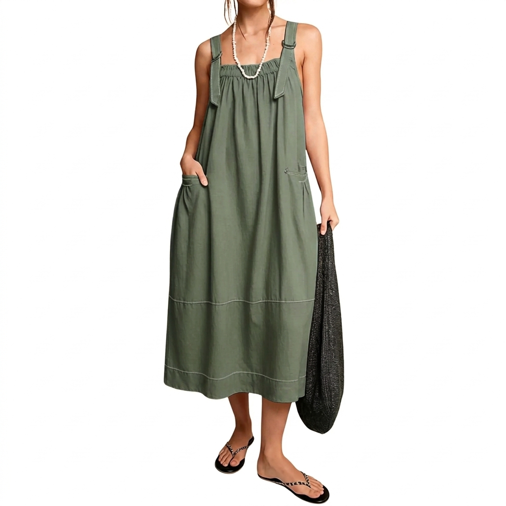Women's Adjustable Straps Barrel Midi Dress Sleeveless Casual Midi Dress with Side Pockets for Summer Beach Vacation