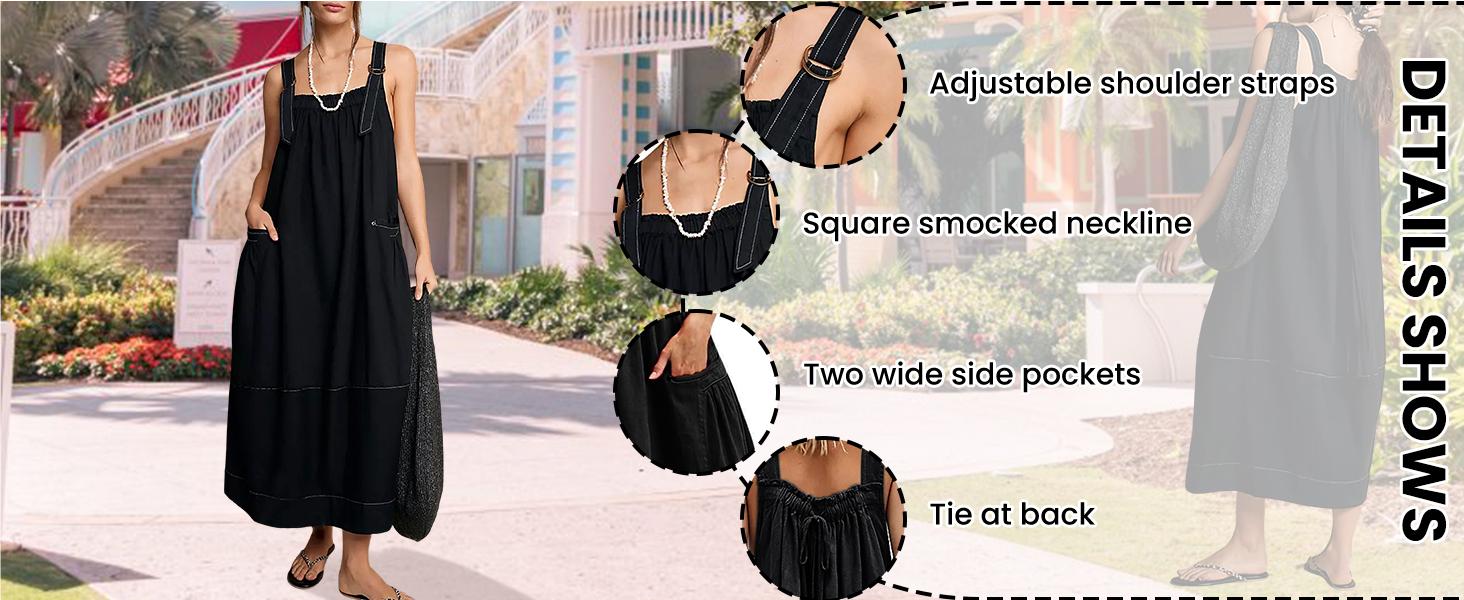 Yeokou Women's Barrel Midi Dress Sleeveless Strappy Maxi Dress with Big Pockets & Adjustable Straps Minimalist Basic Casual Fall Dress,summerwins,summeroutfits,vacationoutfits,beachoutfits