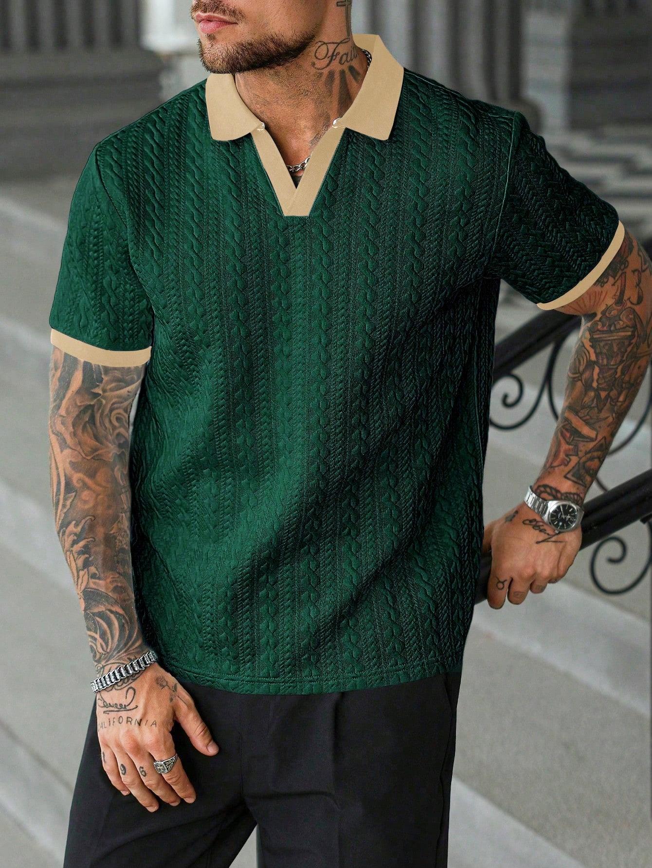 CasualCool men&rsquo;s contrast color short-sleeve casual commuter polo shirt; men&rsquo;s knitted polo shirt; cream polo shirt; men&rsquo;s V-neck knitted shirt; men&rsquo;s short-sleeve sweater polo; men&rsquo;s textured polo shirt; old money style tiktokshopspringglowup,summervibes