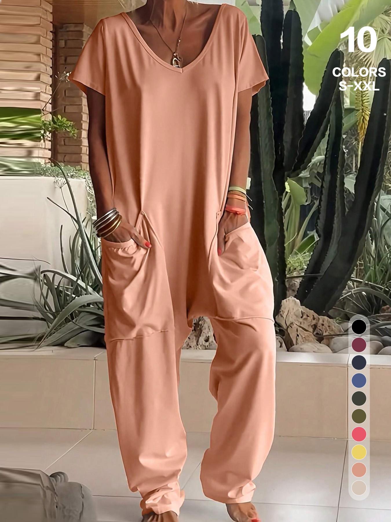 Women's Basic V-Neck Short Sleeve Jumpsuit - Casual Loose Wide Leg Romper with Pockets