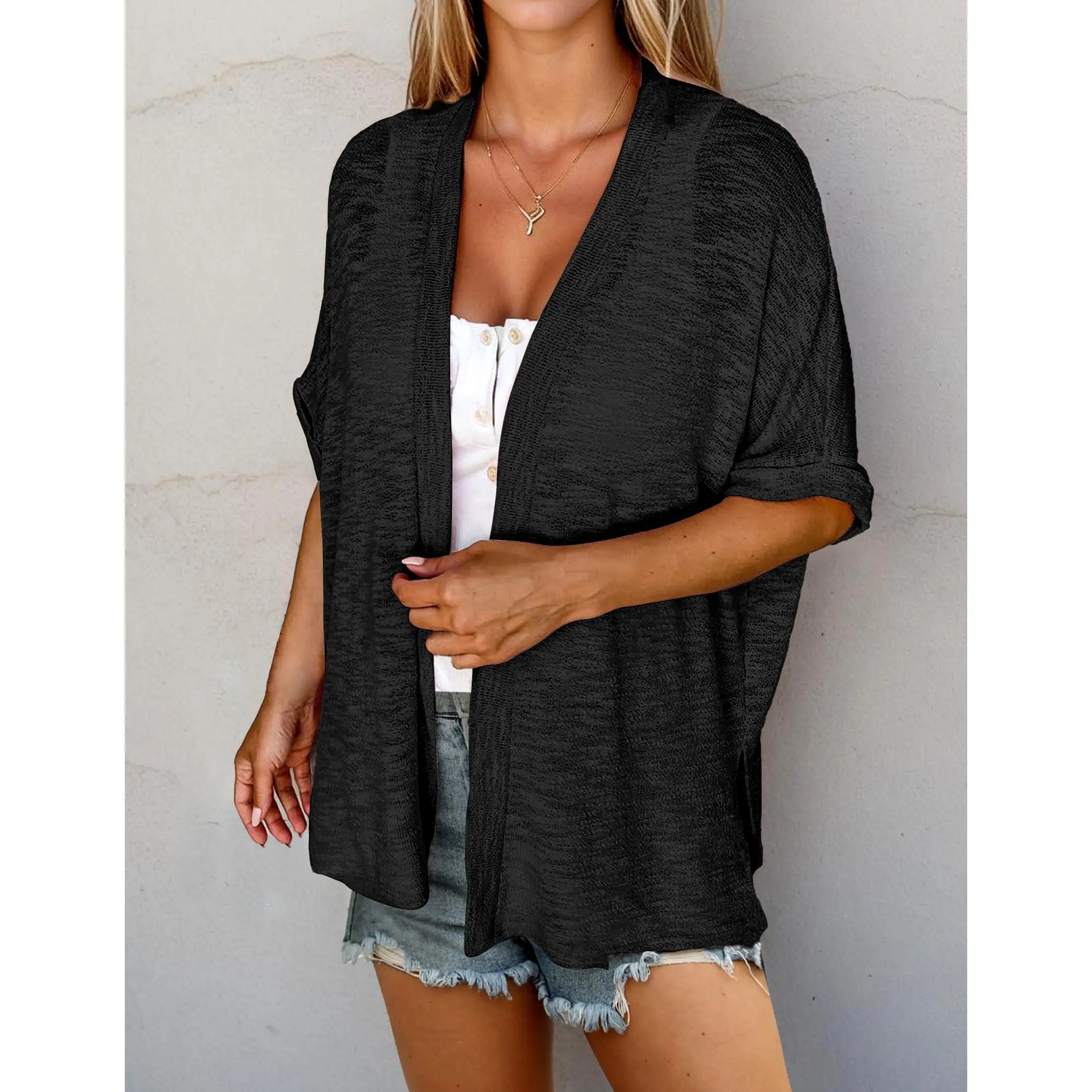 Women's Oversized Short Sleeve Open Front Knit Cardigan Lightweight Summer Beach Cover Up Casual Batwing Knit Top