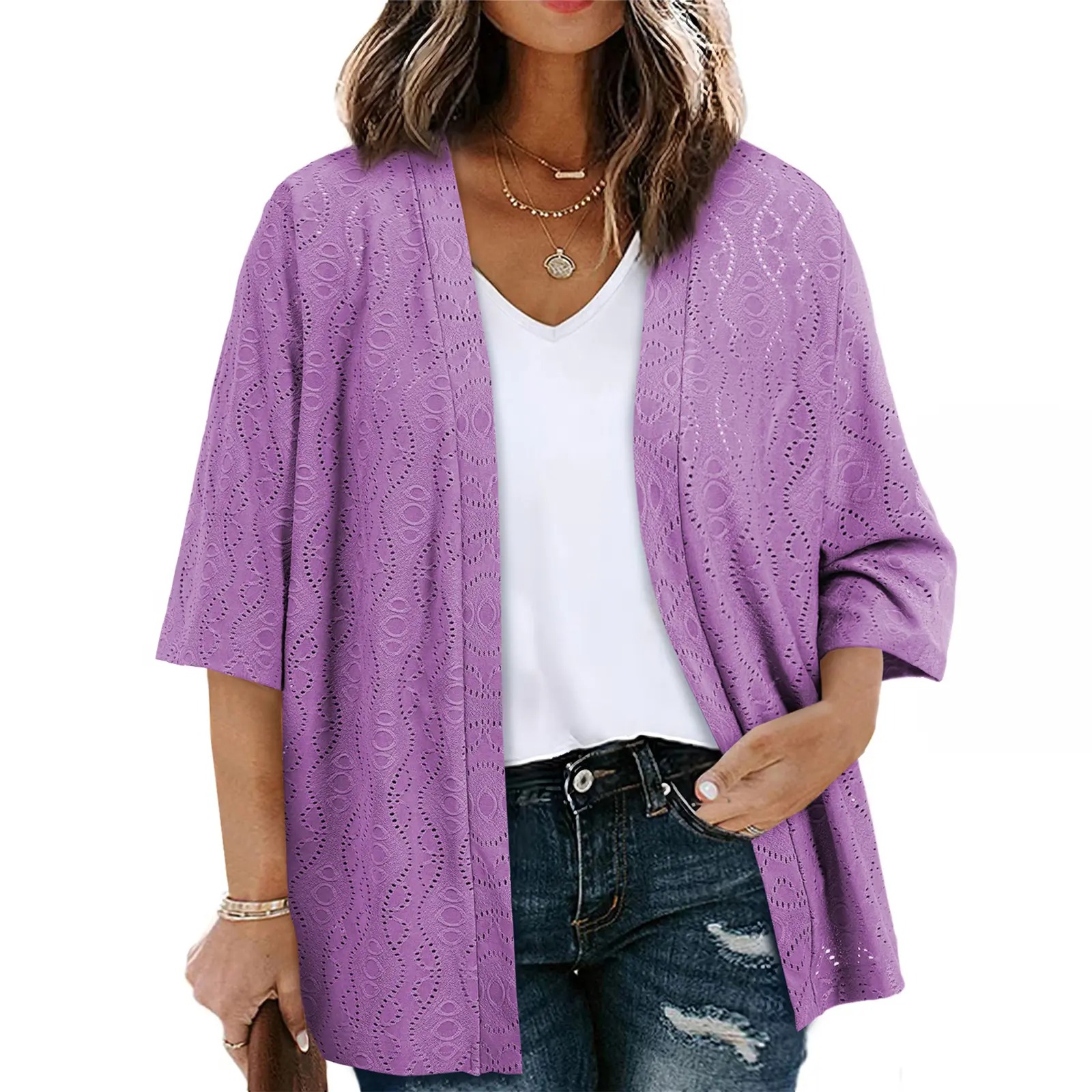 Women's Half Sleeve Jacquard Knit Kimono Cardigan Lightweight Open Front Summer Cover Up