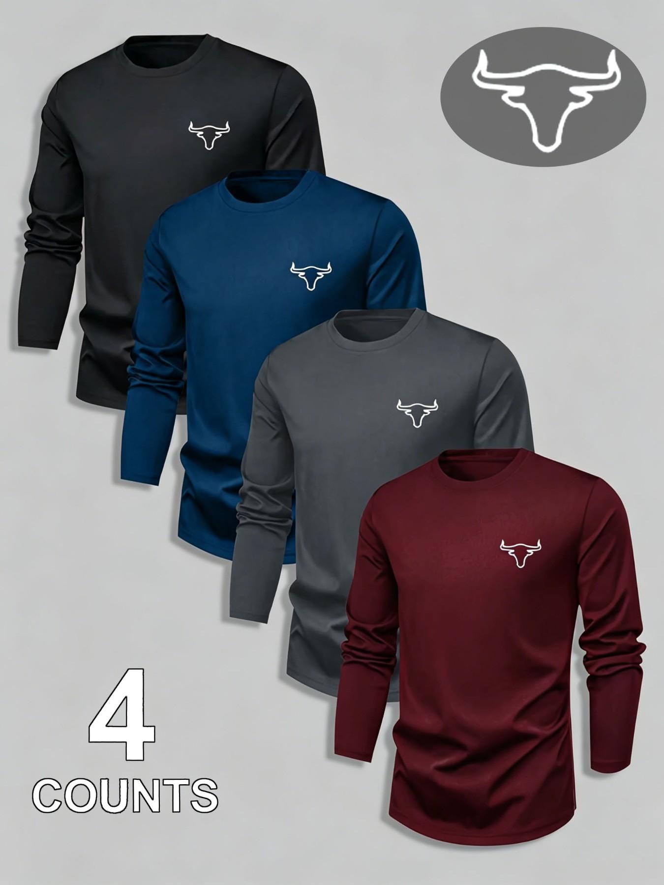 4-Pack Men's Long Sleeve T-Shirts, Bull Head Print, Athletic Shirt, Casual Outdoor Sports, Comfortable Home Wear, Breathable Fabric, All Seasons, Athletic Tee Shirts, Breathable Workout Tops