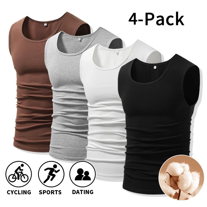 Men 4Pack Cotton Muscle Tank Tops Comfort Stretchy Breathable Summer Workout Sleeveless Sports Undershirts (optional sets of 4 or 2) High Elasticity Lifestyle Beater