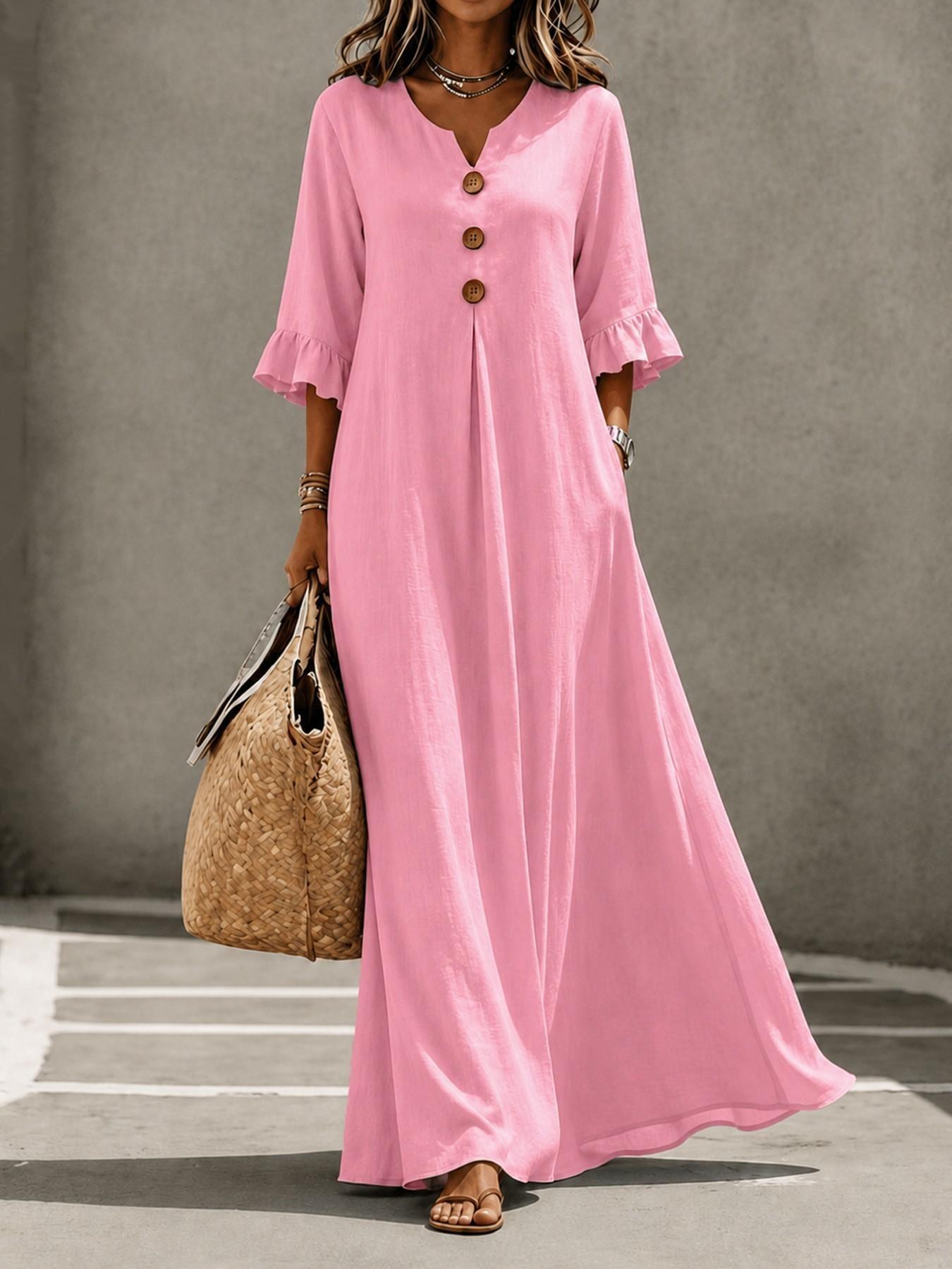 Women's Boho Aesthetic Style Solid V-Neck Dress with Wooden Buttons and Ruffle Sleeves, Loose-Fit A-Line Skirt, Fall & Winter Casual Wear Women's Boho Aesthetic Style Solid V-Neck Dress with Wooden Buttons and Ruffle Sleeves, Loose-Fit A-Line Skirt, Fall & Winter Casual Wear