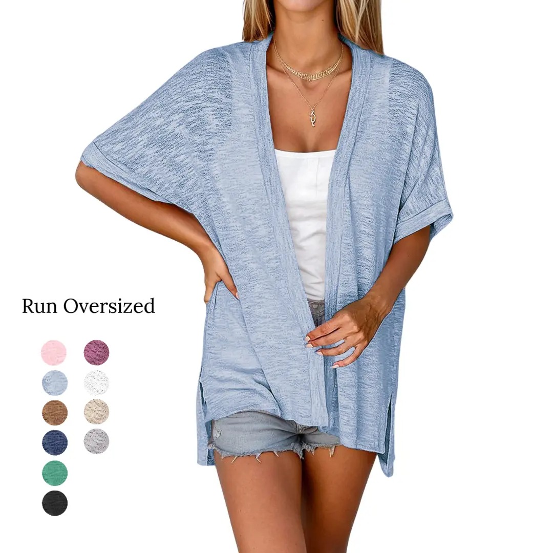 Women's Oversized Short Sleeve Open Front Knit Cardigan Lightweight Summer Beach Cover Up Casual Batwing Knit Top