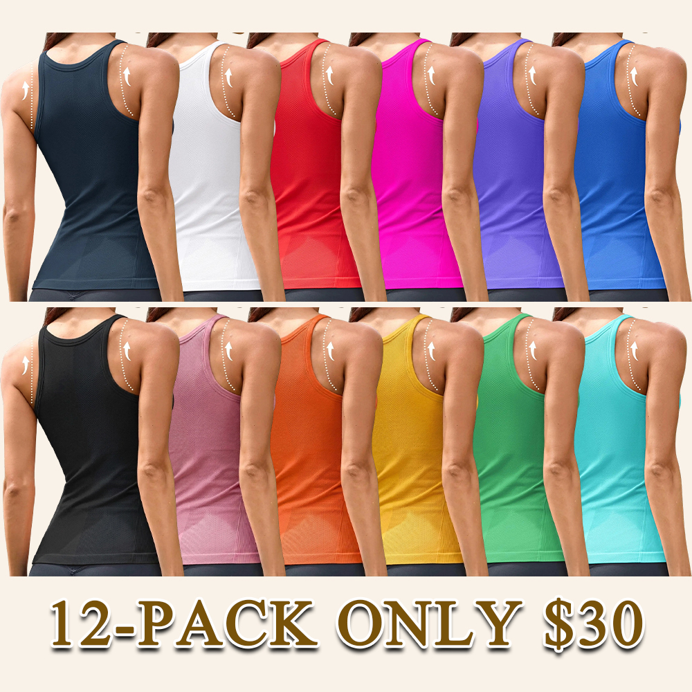 Women's Seamless Ribbed Racerback Tank Top Crew Neck Athletic Workout Camisole with Built-In Bra