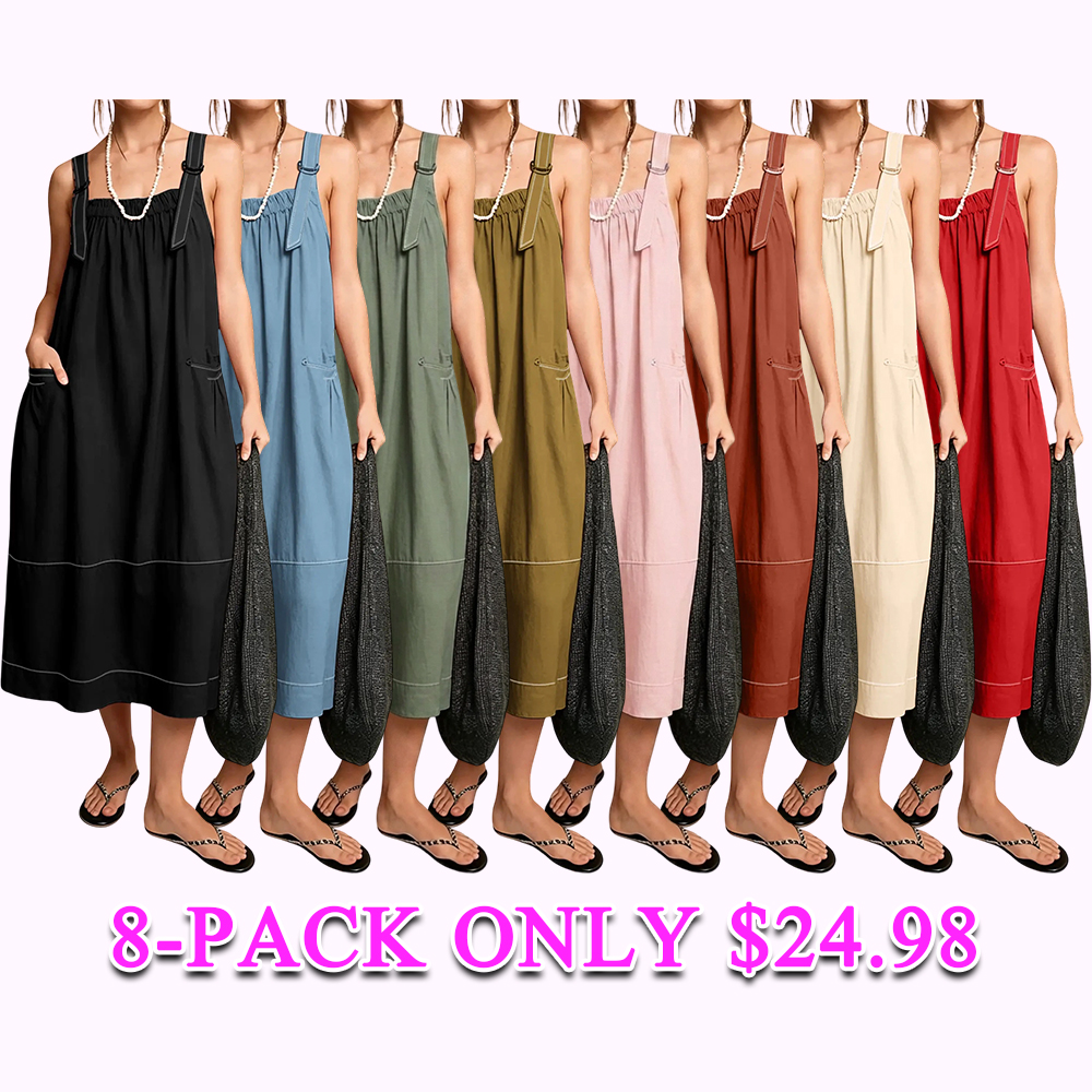 Women's Adjustable Straps Barrel Midi Dress Sleeveless Casual Midi Dress with Side Pockets for Summer Beach Vacation