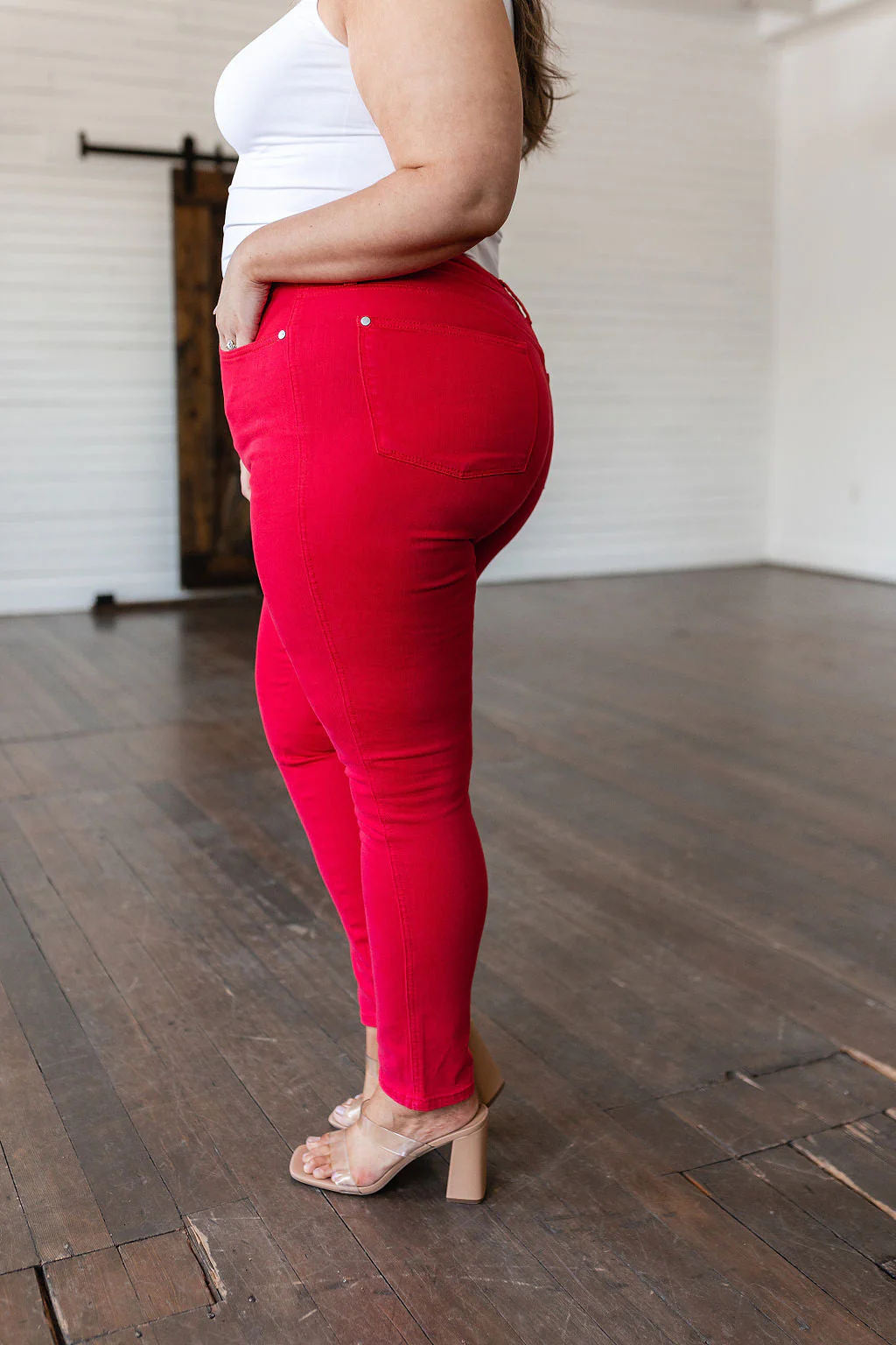 Blue Ruby High Rise Control Top Garment Dyed Skinny Jeans in Red