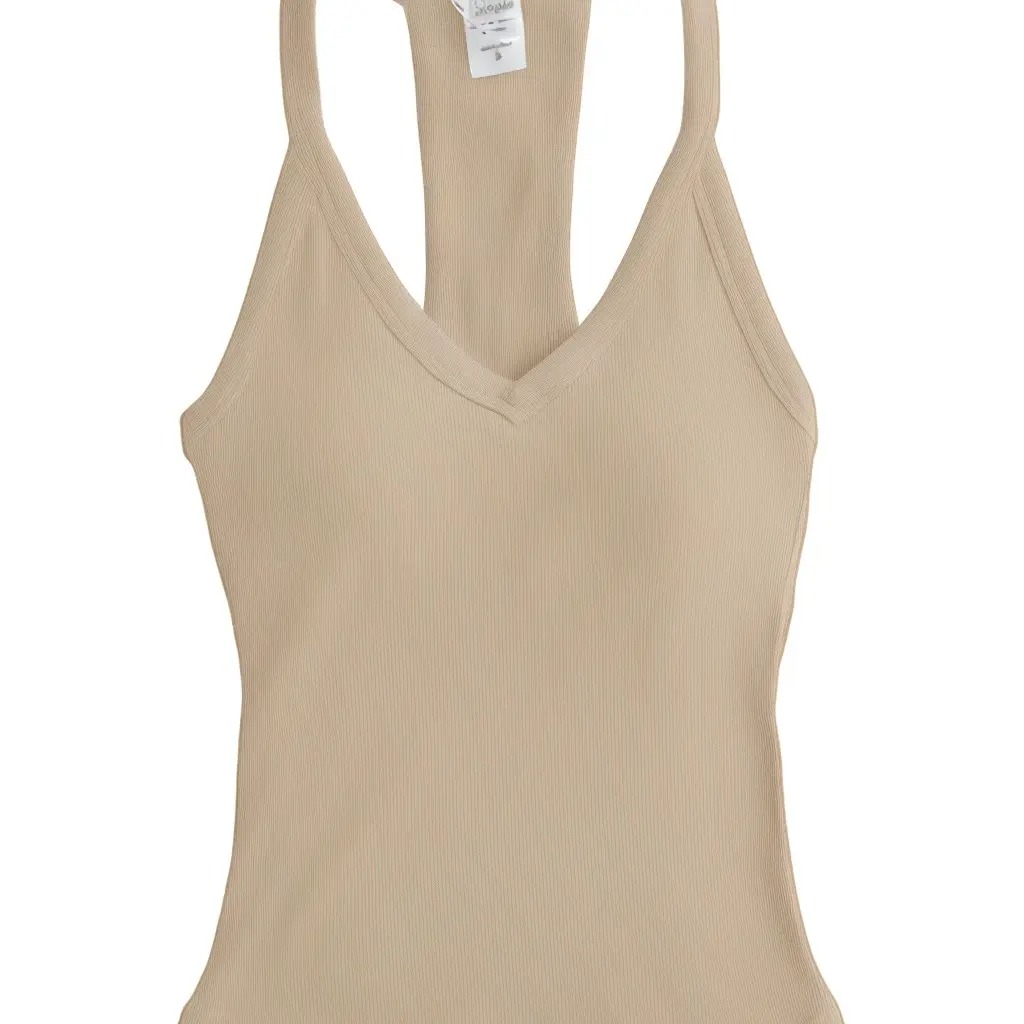Women's V-Neck Ribbed Racerback Tank Top Fitted Longline Padded Athletic Casual Cami Top