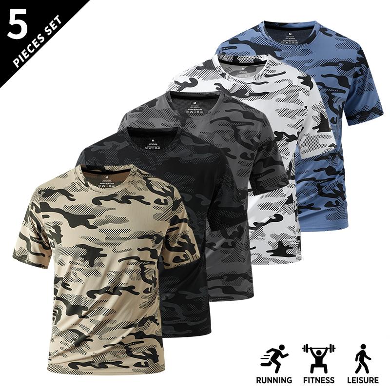 Teenage Boys' Clothing 5-Pack Camo Print Shirts - Crew Neck, Short-Sleeve, Stretch, Breathable Casual Mens' Tops for Fitness, Outdoor Everyday Wear, Camo Print Shirt