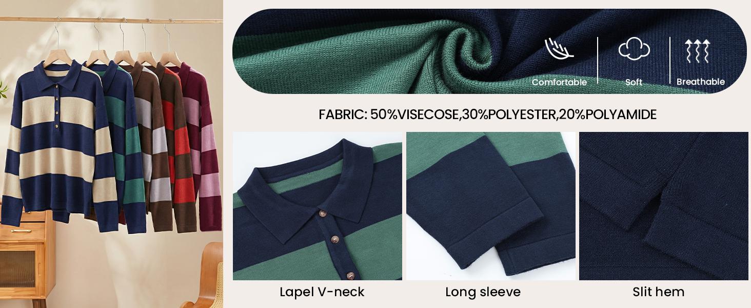 Yimoon Rugby Polo Sweater for Women Striped Collared Sweaters Shirt Long Sleeve Knit Y2K Casual Pullover Top Womenswear Soft