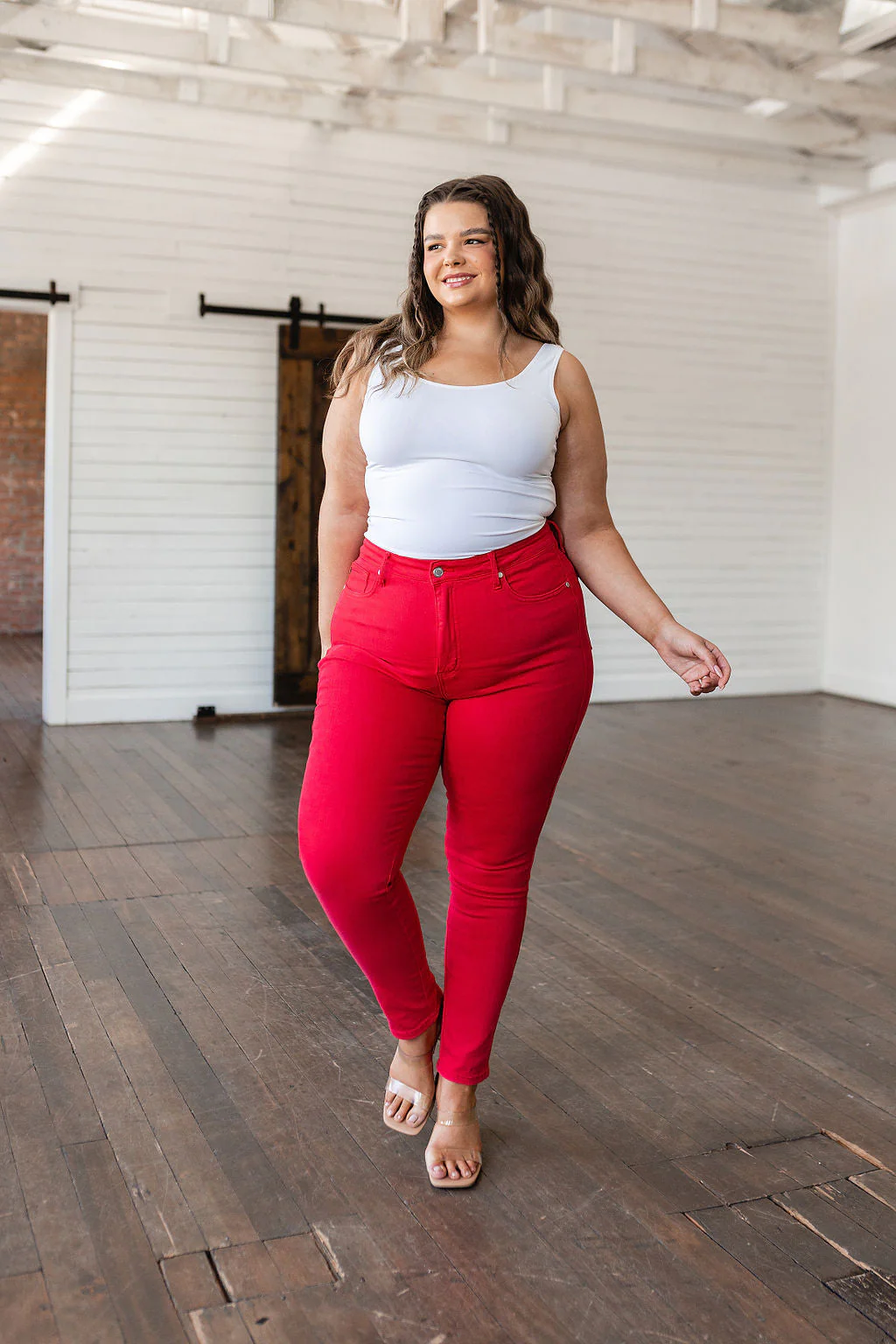Blue Ruby High Rise Control Top Garment Dyed Skinny Jeans in Red