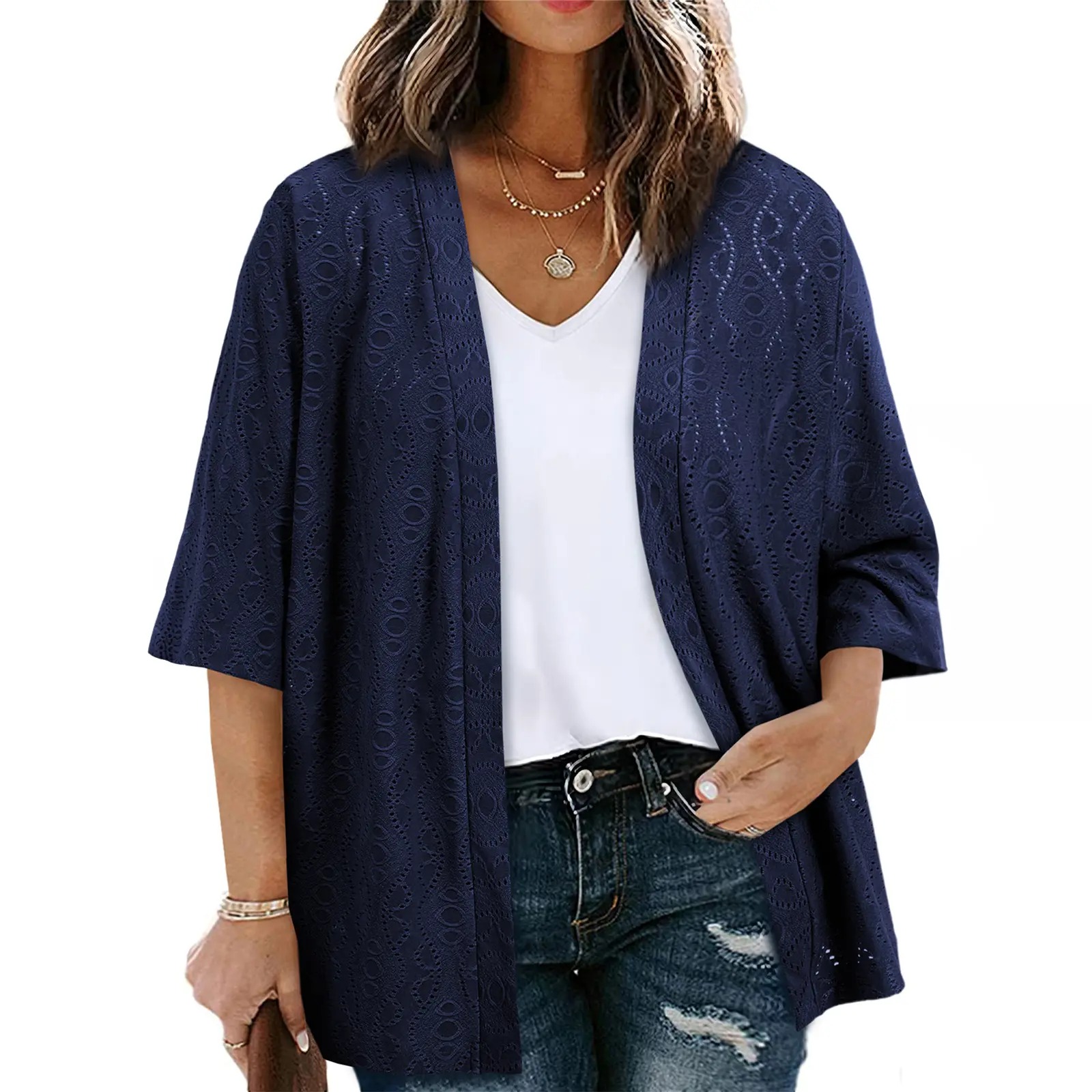 Women's Half Sleeve Jacquard Knit Kimono Cardigan Lightweight Open Front Summer Cover Up