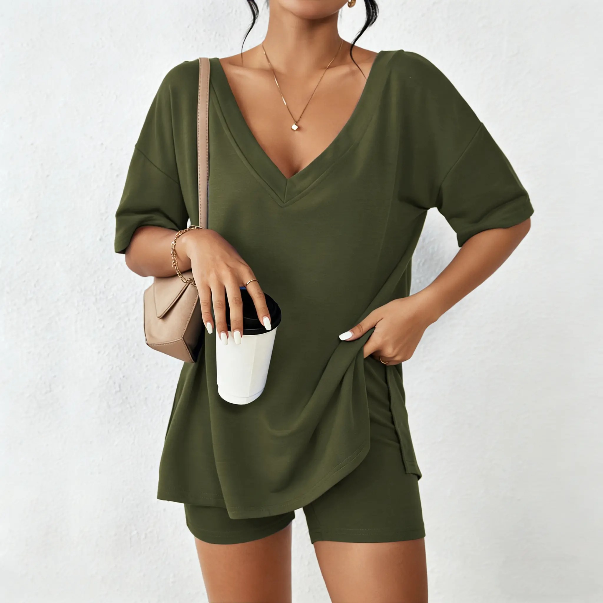 Women's V-Neck 2-Piece Loungewear Set Oversized Split Hem Top & High Waist Biker Shorts Casual Soft Pajamas