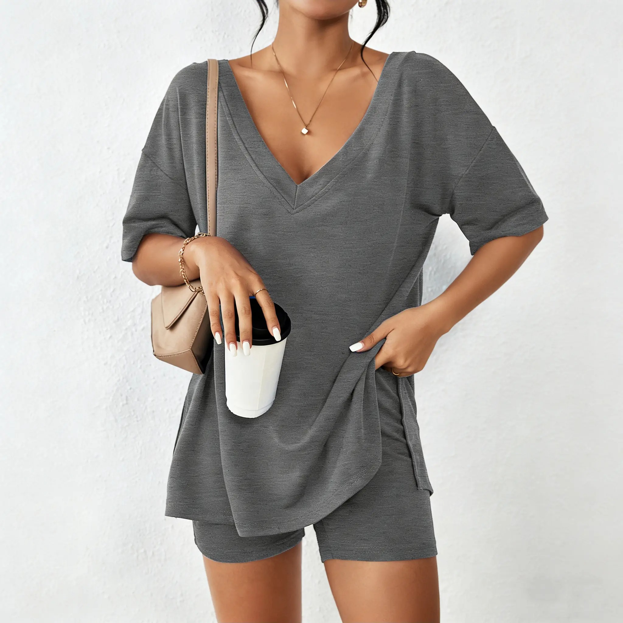 Women's V-Neck 2-Piece Loungewear Set Oversized Split Hem Top & High Waist Biker Shorts Casual Soft Pajamas