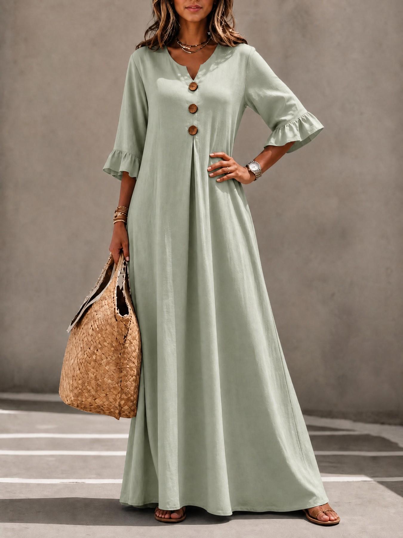 Women's Boho Aesthetic Style Solid V-Neck Dress with Wooden Buttons and Ruffle Sleeves, Loose-Fit A-Line Skirt, Fall & Winter Casual Wear Women's Boho Aesthetic Style Solid V-Neck Dress with Wooden Buttons and Ruffle Sleeves, Loose-Fit A-Line Skirt, Fall & Winter Casual Wear