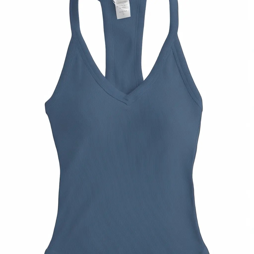 Women's V-Neck Ribbed Racerback Tank Top Fitted Longline Padded Athletic Casual Cami Top