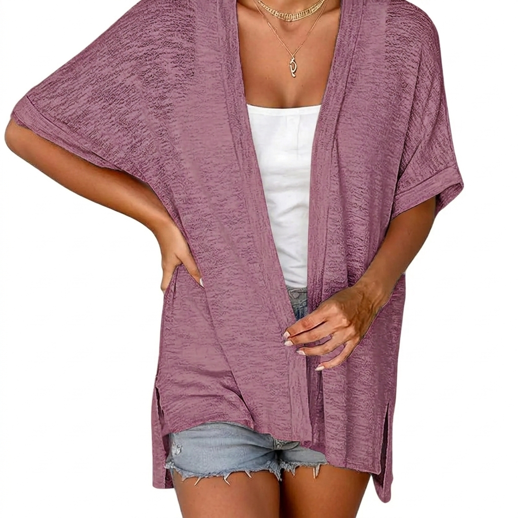 Women's Oversized Short Sleeve Open Front Knit Cardigan Lightweight Summer Beach Cover Up Casual Batwing Knit Top