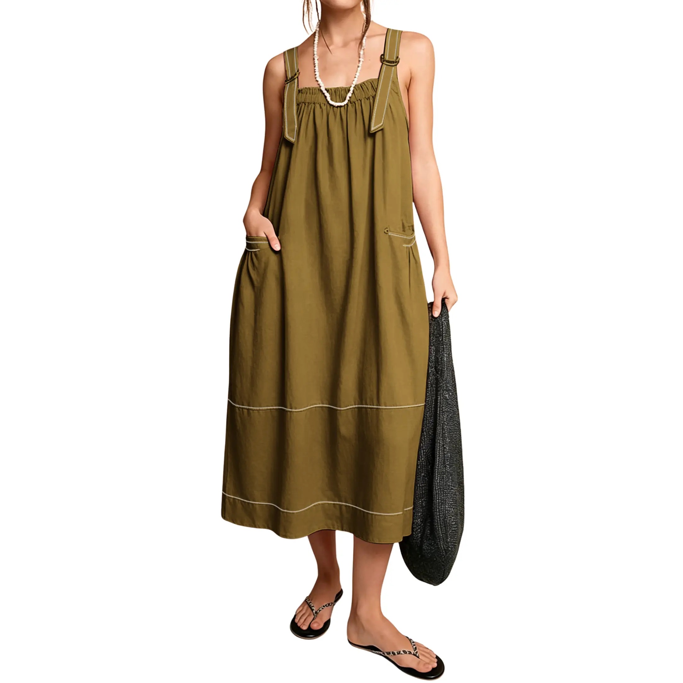 Women's Adjustable Straps Barrel Midi Dress Sleeveless Casual Midi Dress with Side Pockets for Summer Beach Vacation